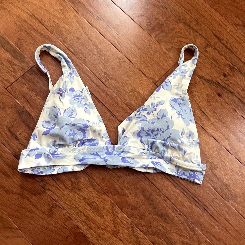 Aerie White and Blue Floral Triangle Tie Back Bikini Top Size Medium
